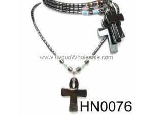 Colored Opal Beads Hematite Cross Pendant Beads Stone Chain Choker Fashion Women Necklace